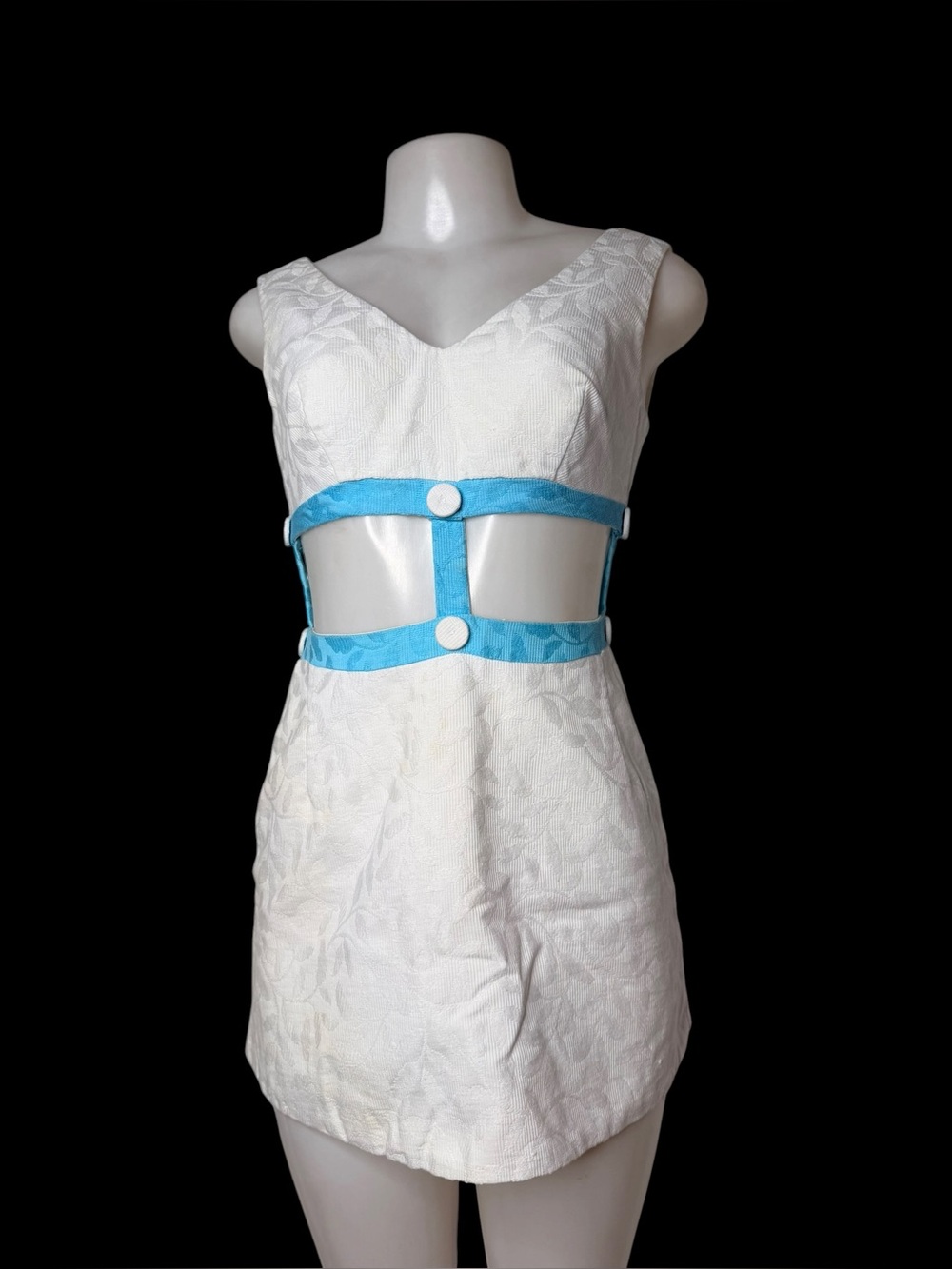 🌞 VTG 60s Mod White Blue Cutout Mini Dress GoGo Twiggy Space Age XS